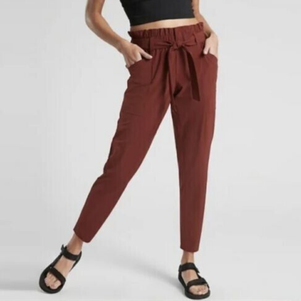 Athleta Skyline Pant in Cognac Brown, Paperbag Tapered Tie Waist, Size 0